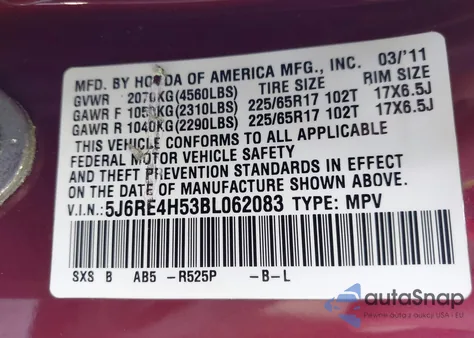 2011 Honda Cr-V Ex from USA, damaged, VIN 5J6RE4H53BL062083